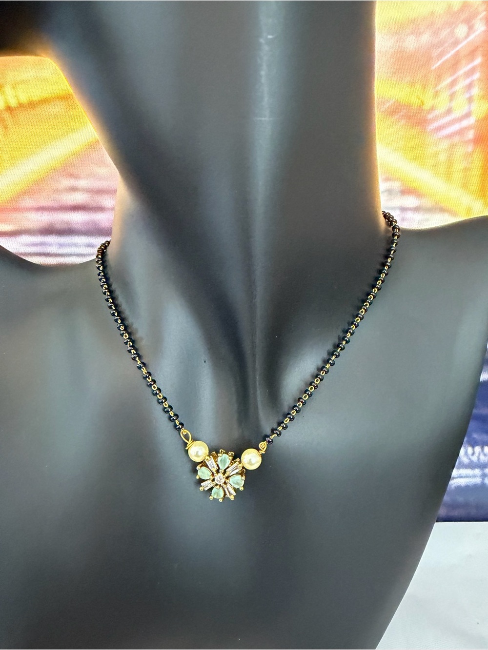 Gold-Tone Floral Pendant Mangalsutra Necklace with Black Beads